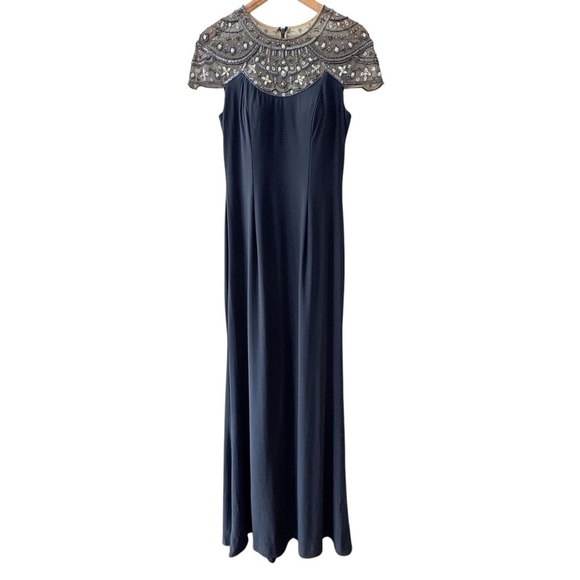 Betsy Adam Navy Embellished Shoulder Evening Gown - Picture 3 of 15